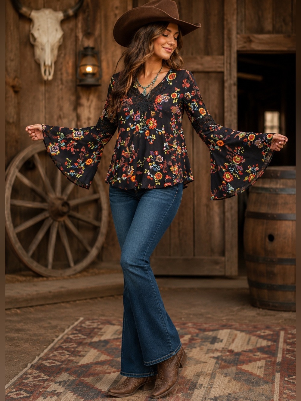 Lola P. Flare Sleeve Floral Top
